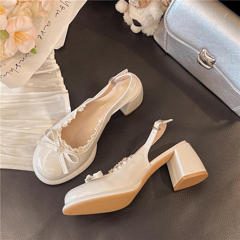French niche design sense bow with lace thick heel cool slippers women's summer fashion high heel word with sandals