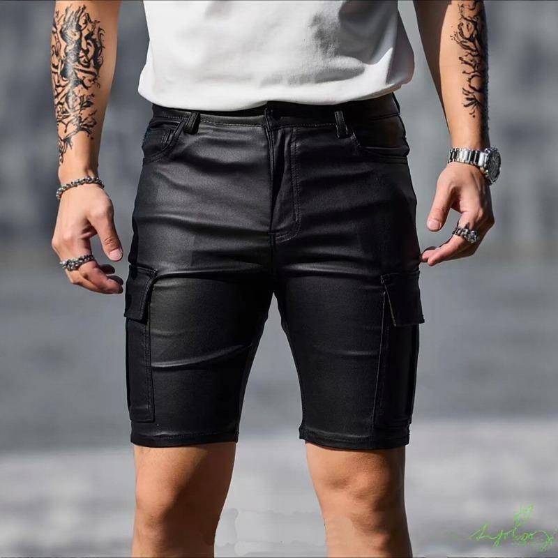 Men Faux Leather Cargo Shorts With Side Pockets