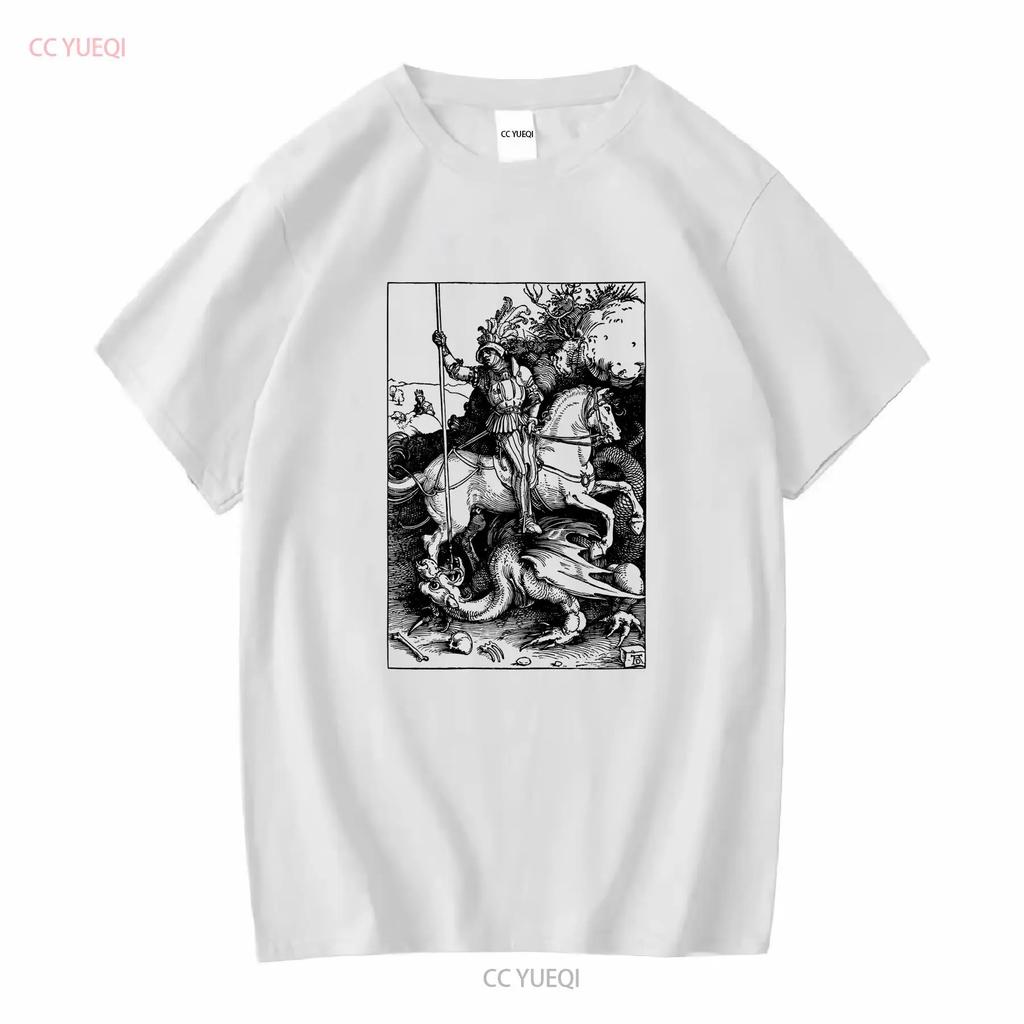T-shirt San Giorgio e il Drago per Adulti Cotone Biologico Arte Vintage Rimasterizzata Stampa Oversize Manica Lunga o Corta Vintage