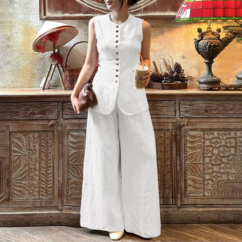 ZANZEA Lässiger Zweiteiler für Damen, ärmelloses Westentop und Hose mit weitem Bein