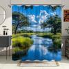 1Pc Extra Large Bath Curtain - Tranquil River Landscape With Sunlit Waterway, Lush Green Grass, Dense Trees & Blue Sky - Machine