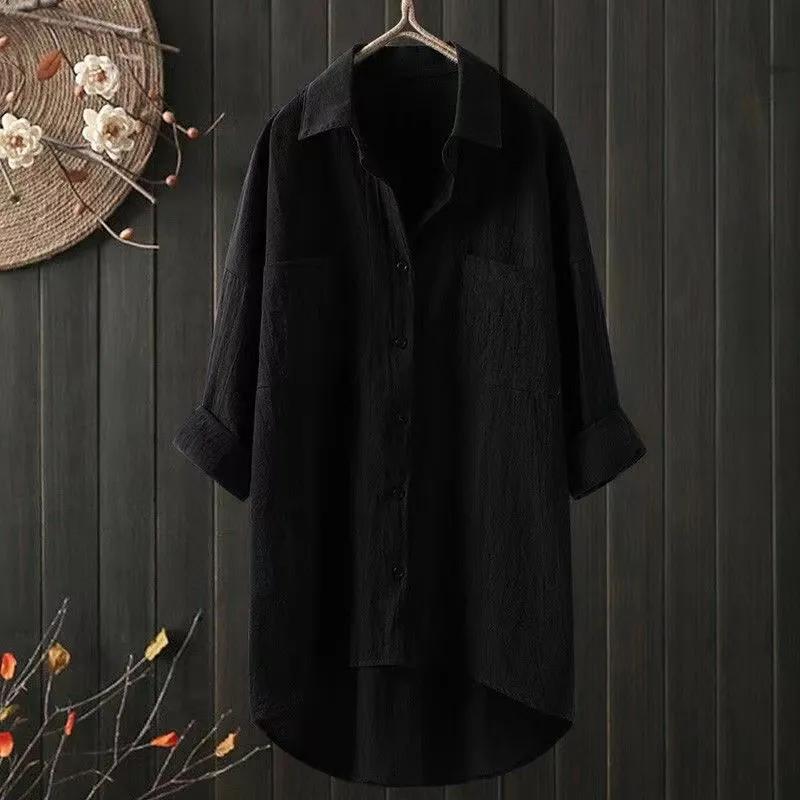 

Women s Cotton and Linen Shirt Spring and Autumn Shirt Women s Jacket Cardigan Double Pocket Long-sleeved Top XXL чорний