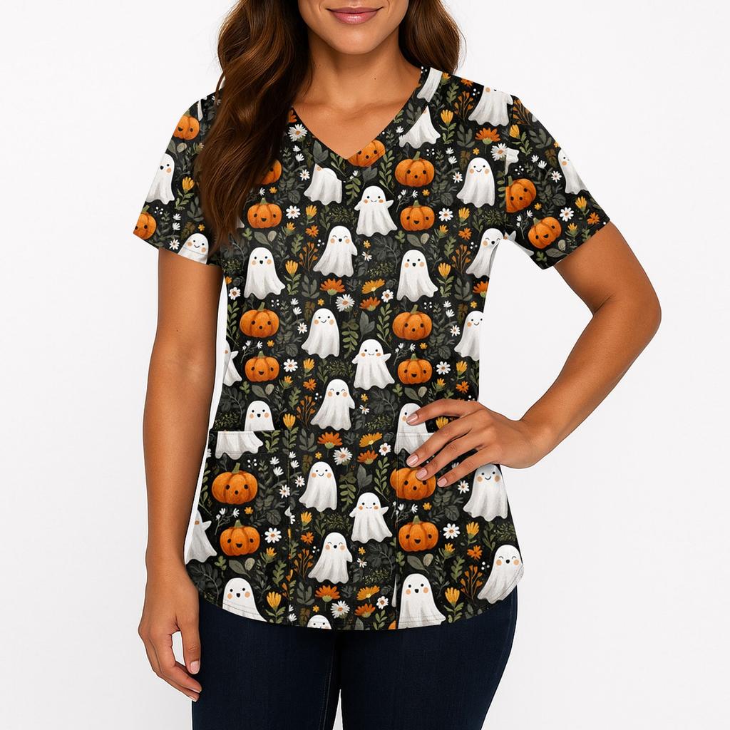 Women's Printing Uniform Work Uniform V-neck Pockets Basic Short Sleeve Pullover Top