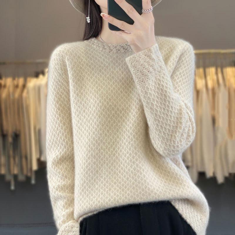 Women's 100% Pure Wool Thick Round Neck Sweater with Crochet Lace Knit and Half-High Neck