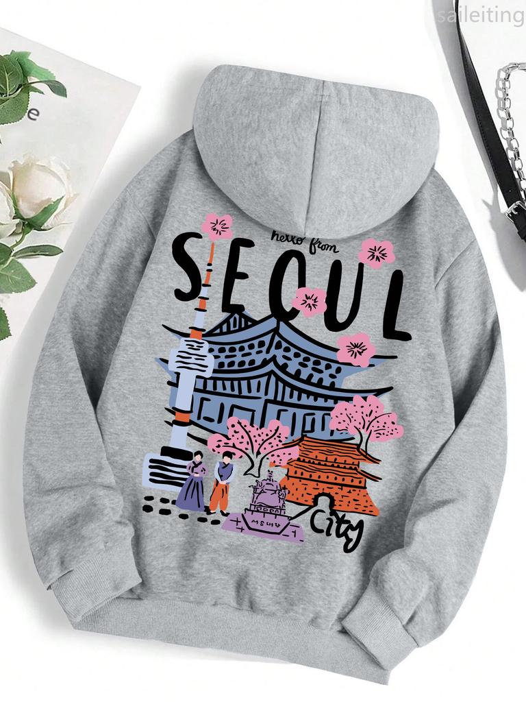 Seoul Beautiful Scenery Printing Womens Warm Comfortable Hoodies Simple Street Pullover Winter Clothes Women Streetwear Women