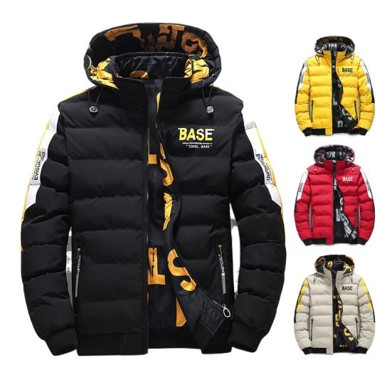 Winter Men Cotton Jacket with Detachable Hood Reversible Zipper Pocket Thickened Windproof Warm Regular Fit Male Casual Cotton Coat Top