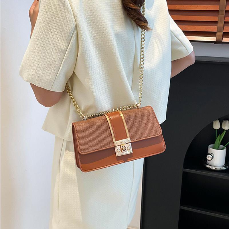 Top-Handle Bag Simple Women'S Chain Shoulder Bag Small Square Handbag Exquisite Pu Leather Canvas Patchwork Bag For Workplace