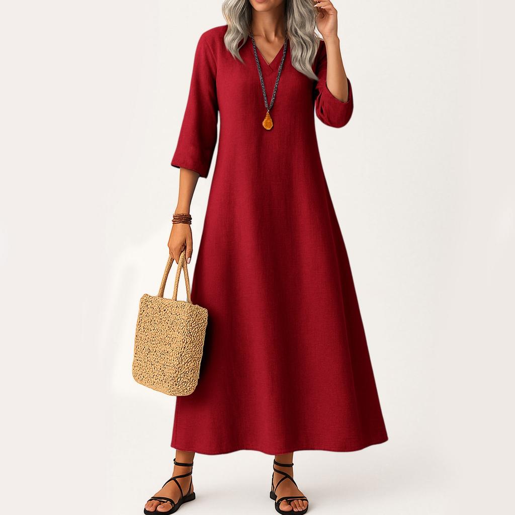 Dress For Women Long Boho Beach Dress Elegant Maxi Dress V-Neck 3/4 Sleeve Dress With Pockets