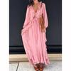 Elegante Dames Roze Maxi Jurk Lang Ruches Gelaagd Gelaagd Losse V-hals Lantaarnmouw Chic Dames Jurken