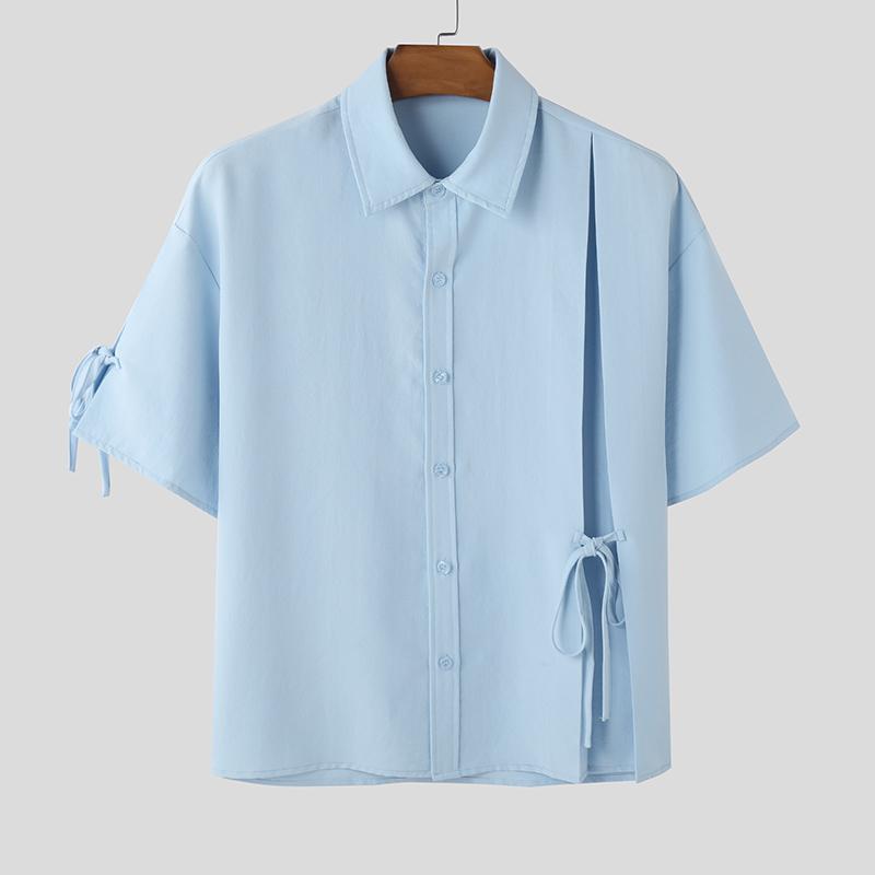 

INCERUN Summer Men Lapel Neck Short Sleeve Solid Bow Knot Buttons Casual Shirts 4XL синий