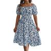 Women's Bohemian Square Neck Puff Sleeve Short Sleeve-Blue L