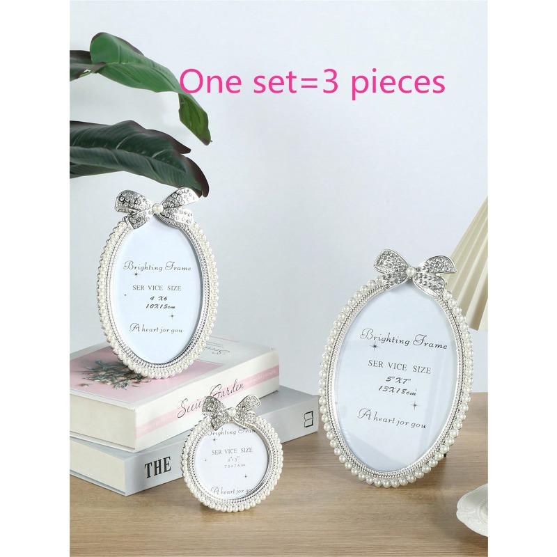 Cadres Photo Brillant en Fausse Perle, Cadres Photo Décorés de Fausse Perle et Strass Style Baroque, Présentoir Photo, Convient pour Bureau, Salon One Set = 3 Pieces beige