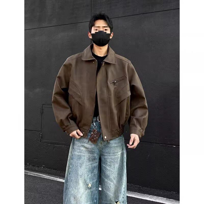 

Men s Brown Retro Leather Lapel Jacket - Stylish & Casual Design 2XL