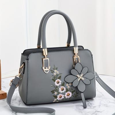 Geantă Crossbody Casual cu Broderie Florală pentru Femei, Geantă Messenger din Piele PU cu Curea Ajustabilă, Închidere cu Fermoar, Căptușeală din Poliester, Rezistentă la Pete