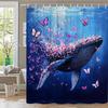 1pc Dreamy Ocean Fantasy Shower Curtain - Majestic Blue Whale & Pink Winged Insects Design, Sunlit Water Gradient, Ethereal Mari