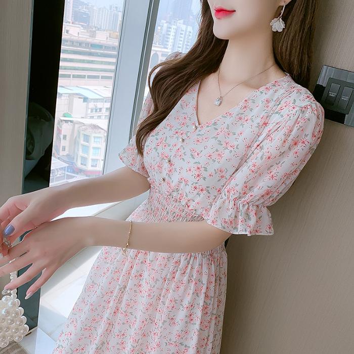 Short-sleeved Chiffon Dress Children's Korean Version Summer New Ins Super Fairy V-neck Mori Wind Floral Fairy Medium and Long Dress