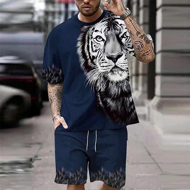 Men's Tiger Tees sets Summer Tops Short Sleeve Short Pants Crew Neck Sport Casual Outdoor Vacation Sport Summer