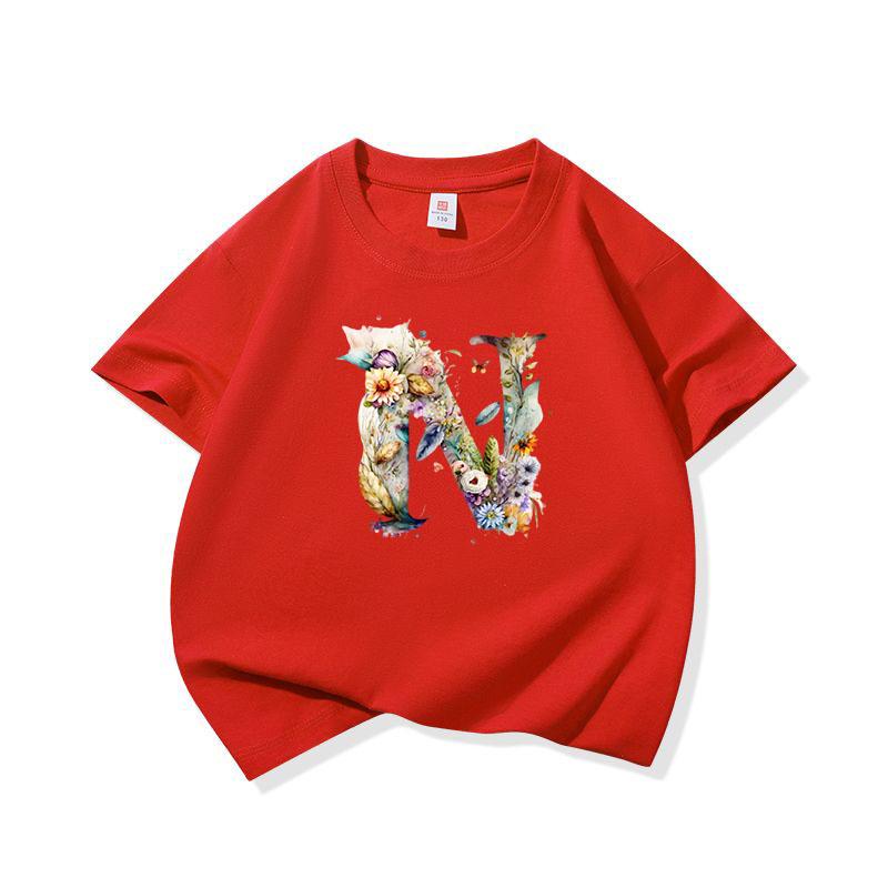 Kids Cotton T Shirt Floral Letter N Print Crew Neck Short Sleeve Tee Casual Boys Girls Summer Tops