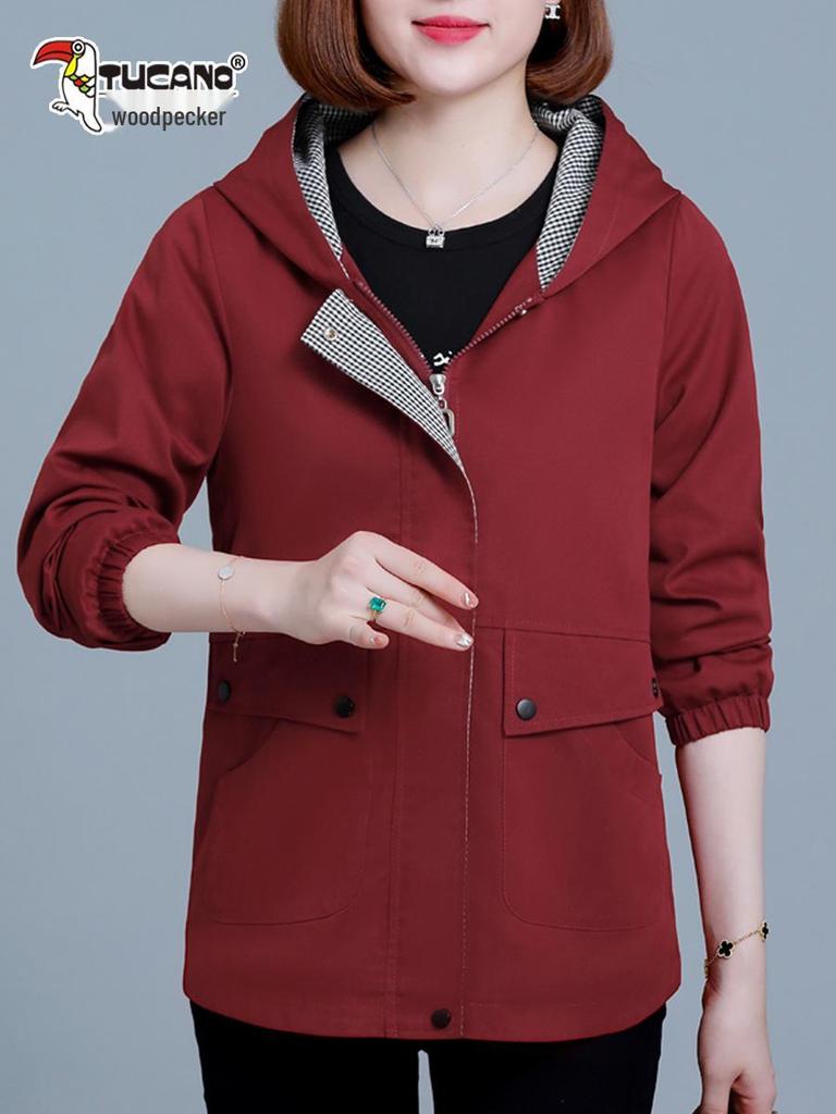 Women's Spring-Autumn Plus Size Hooded Windbreaker - Casual, Stylish, and Age-Reducing for Middle-Aged Women