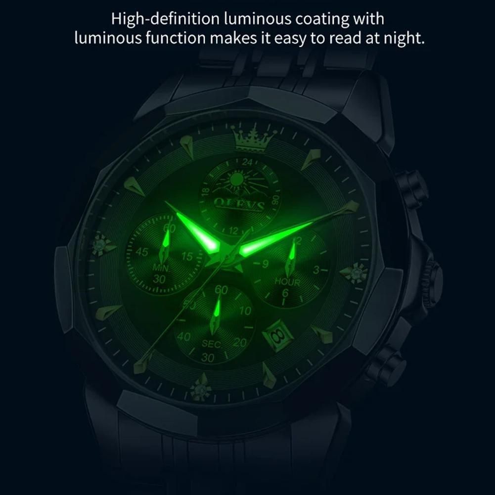 Mens Business Watch Fashion Quartz Watches Multifunctional Chronograph Waterproof Moon Phase Watch Mens Gifts