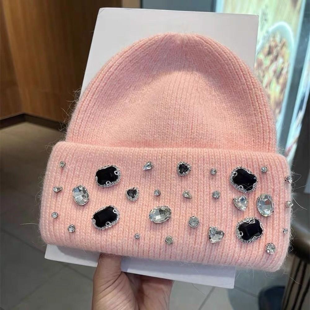 Thick Warm Beanie Versatile Windproof Cap Gift Rhinestone Knitted Hat Daily Wear