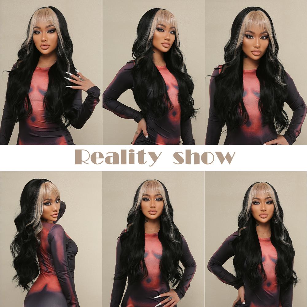 Lange schwarze Kunsthaar-Perücken mit blonden Pony, natürlich gewellt, für Damen, Halloween, Cosplay, Kostüm, Perücke, hitzebeständig, für Partys