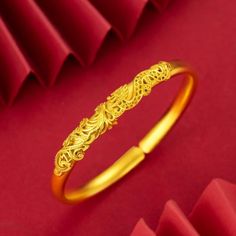 Gold Plated Dragon Phoenix Bangle Exquisite Engraved Adjustable Fit For Wedding Daily Wear Birthday Gift For Women