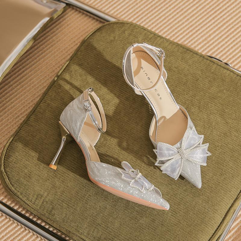 

8217-1 High heels women s 2025 new pointed crystal wedding shoes rhinestone bow thin heel shallow mouth single shoes 39