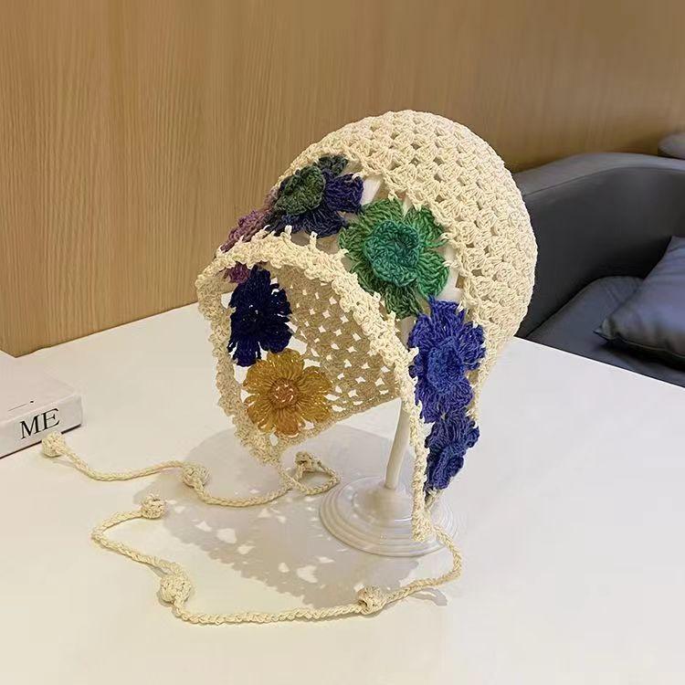 

Hat Style Versatile Retro Flowers Hollow Breathable Knitted Womens Hatscaps бежевий