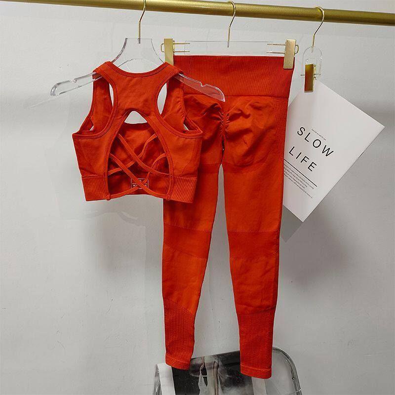

European and American Style Sexy Yoga Fitness Set with Padded Long Pants, Pilates Sports Bra, Women s Spring and Summer Outerwear Tank Top Orange M