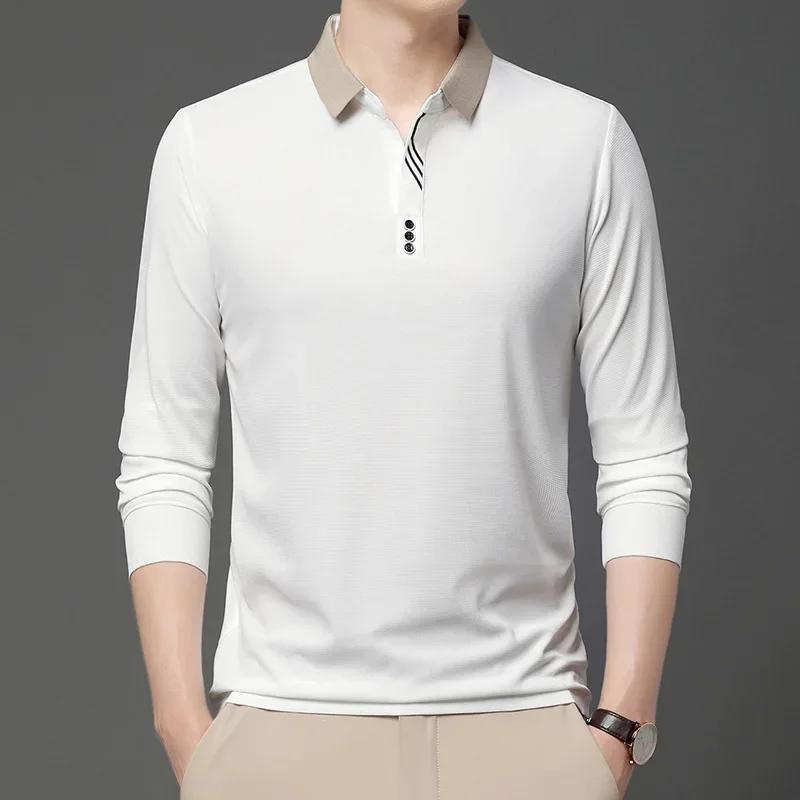 

Men S Long Sleeve Polo Shirt Breathable Slim Fit Turn-Down Collar T-Shirt Casual Basic Style Male Fashion Tops Contrast Color M белый