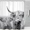 Tenda da Doccia Mucca delle Highlands, Ritratto di Toro Rustico Animale da Fattoria Tessuto Grigio Bianco Arredo Bagno Con 12 Ganci, 1 Pezzo