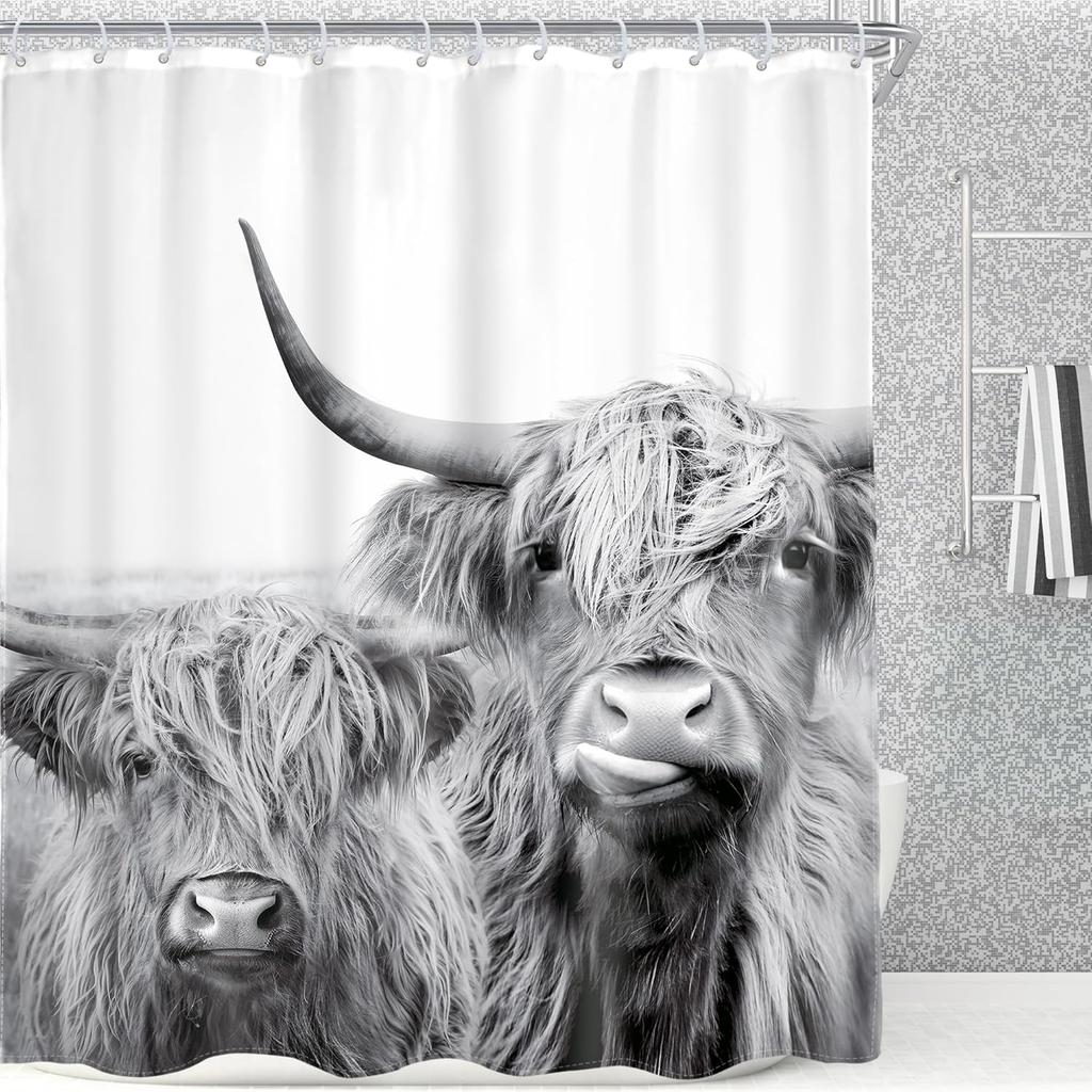 Tenda da Doccia Mucca delle Highlands, Ritratto di Toro Rustico Animale da Fattoria Tessuto Grigio Bianco Arredo Bagno Con 12 Ganci, 1 Pezzo