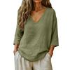 Women's Fashionable Loose-Fit -Color Cotton-Linen V-Neck Casual Blouse