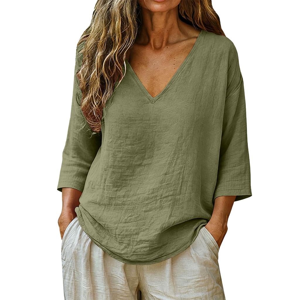 Women's Fashionable Loose-Fit -Color Cotton-Linen V-Neck Casual Blouse