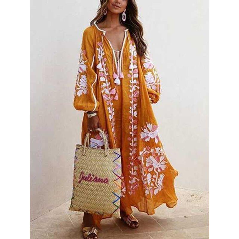 2024 European and American New Women's Clothes Ethnic Embroidery Flower Loose Oversized Long Sleeves Dress Women's Robe