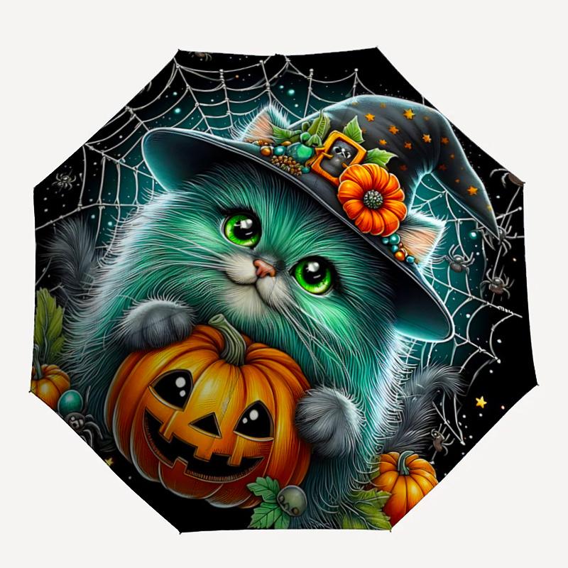 1pc Spider Wizard Cat Pumpkin Design Automatic Folding Umbrella - 3 Folding Design, Vivid Cartoon Pattern, Suitable for Outdoor Activities,
