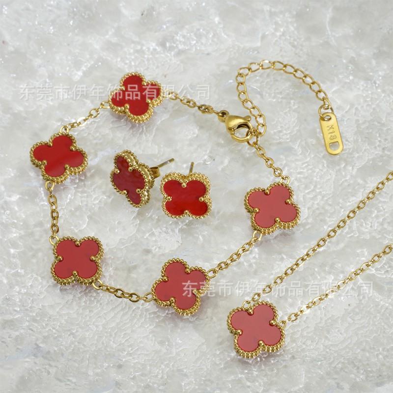 13mm Stainless Steel Clover Jewelry Set Necklace Bracelet Earrings Women Fashion Floral