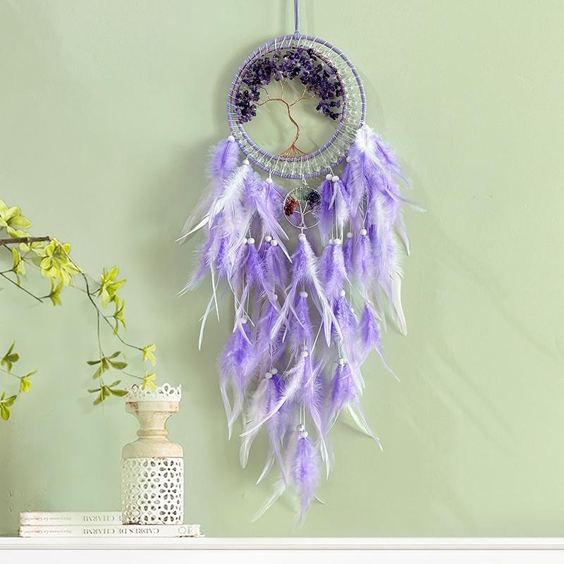 Handmade Crystal Stone Wind Chimes Dream Catcher Colorful Feathers Bedroom Hanging Ornaments Wall Pendants Festival Party Gifts