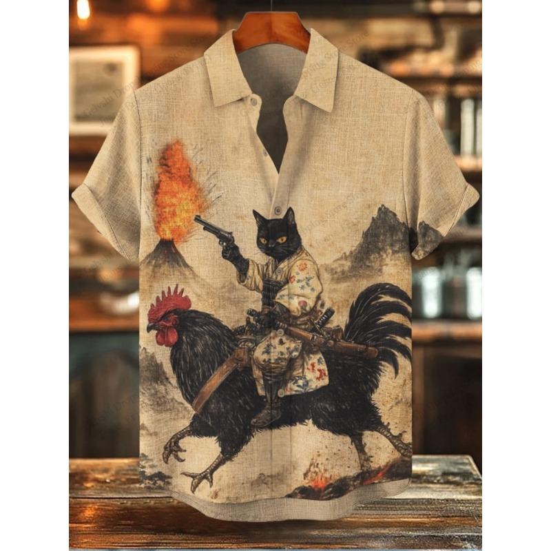 Modisches Herren Sommer Hawaiianhemd Vintage Kalligraphie Katze Dinosaurier 3D Druckhemd Kurzarm Lässige Strandhemden