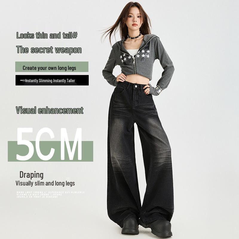 Dámské retro černé a šedé džíny se širokými nohavicemi s designem puku pro podzim 2025
