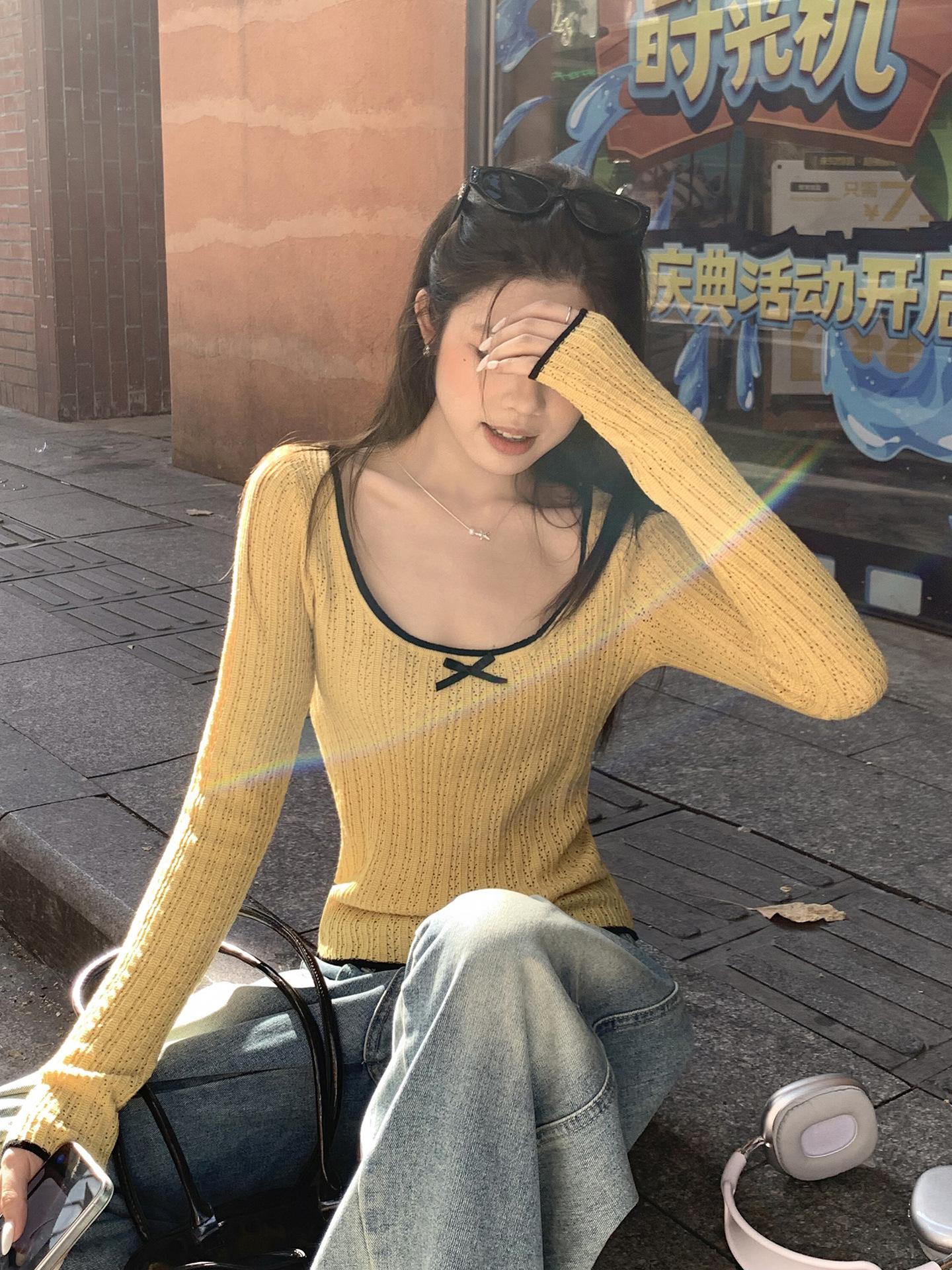 

Bow contrasting wool knitted long-sleeved T-shirt for women s Korean early autumn wear with front shoulder slim fit inside with bottoming shirt top One size fits all жовтий