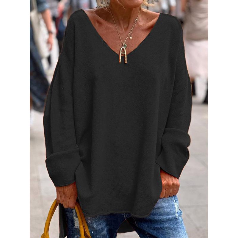 Women's Comfortable V-Neck Long Sleeve Knit Sweater Solid Color Casual Loose Fit Pullover Top Versatile Long Sleeve