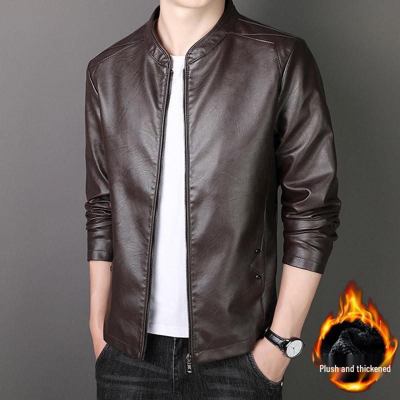 

Men s 2026 Stand Collar Plus Velvet Leather Jacket - Versatile Casual Spring/Autumn Outerwear by Woodpecker Leather. M 45-53 kg