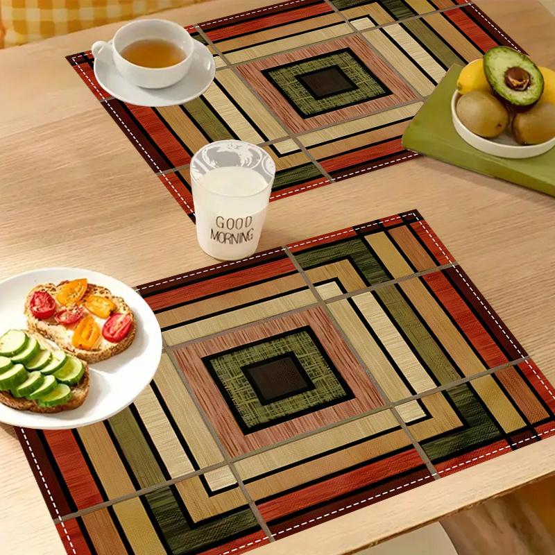 4-Pack Linen Placemats, 12x18 Inch Rectangular Table Mats, Abstract Geometric Stripe Design, Machine Washable Dining Decor for Home, Kitchen, Party