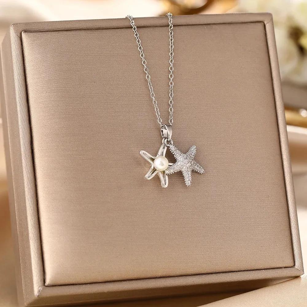 Charm Trendy Full Zircon Starfish Pearl Pendant Necklace for Women Luxury Gold Color Stainless Steel Summer Beach Collar Jewelry