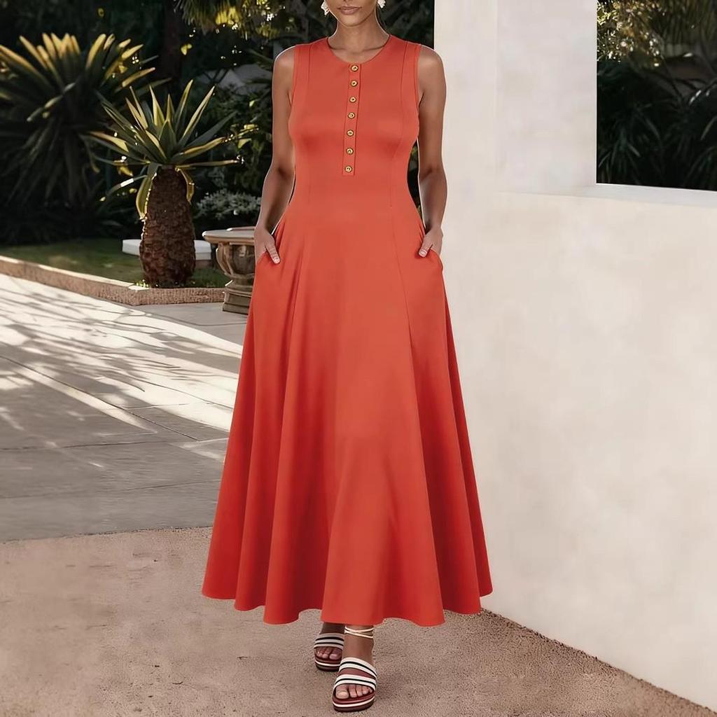 2026 Sleeveless Solid Color Maxi Dress - Elegant & Breezy European & American Style Summer Wear for Women