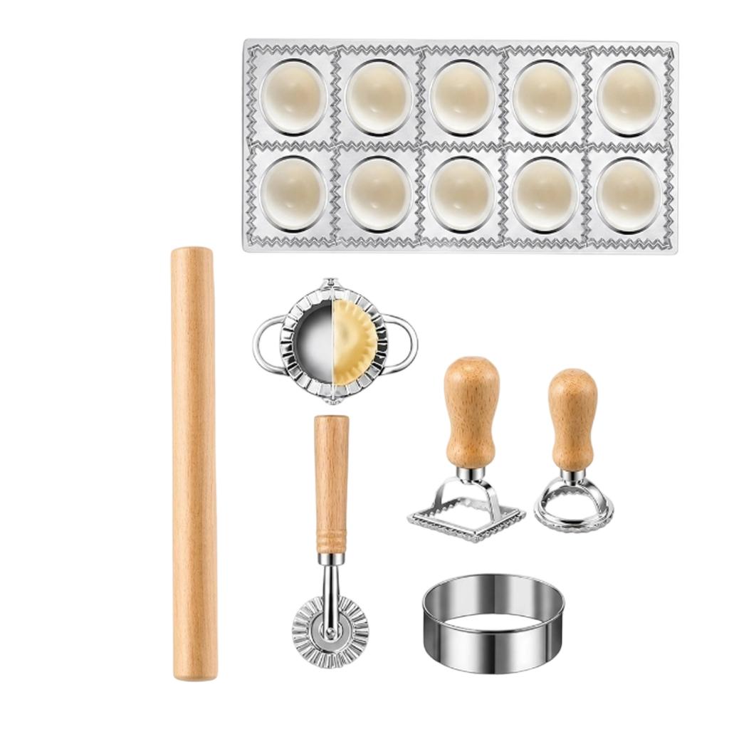 Set Manuale per Pasta Fresca con Mattarello, Stampo per Ravioli, Pressa per Ravioli, Tagliapasta e Timbri per Ravioli Italiani e Asiani Fatti in Casa