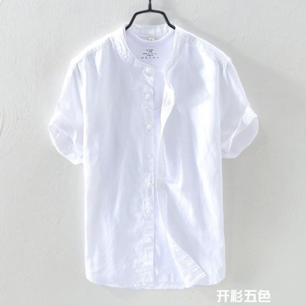 Short-sleeved Shirt Men's Stand Collar Loose Retro Thin Breathable Versatile Inch Clothes Dark Blue Cotton Linen Simple Casual