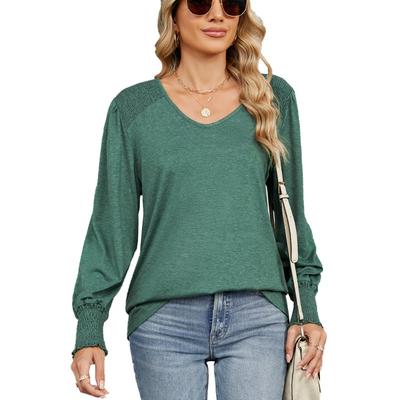 Women's Loose V-neck Lantern Sleeves Loose Pleated T-shirt for Autumn Winter T-Shirts Women’s